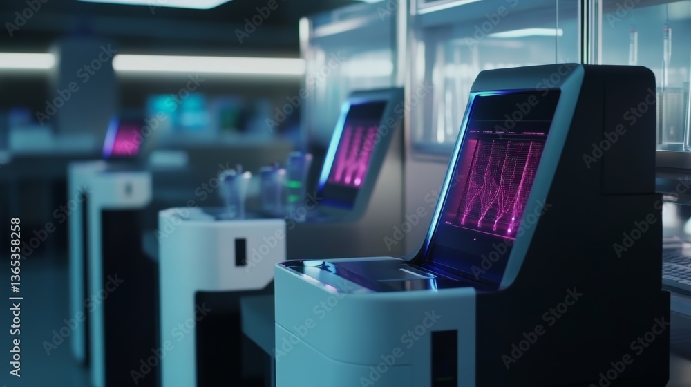 Fototapeta premium An AI controlled genetic sequencing lab using advanced technology to map the human genome for personalized medicine and healthcare advancements, Biotechnology style, photo of