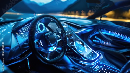 Futuristic Car Interior with Blue Neon Lights and Digital Dashboard
