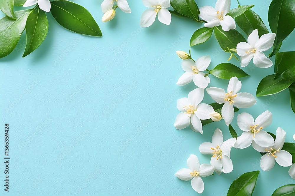 Fototapeta premium White jasmine flowers with green leaves arranged on light blue background, floral frame design