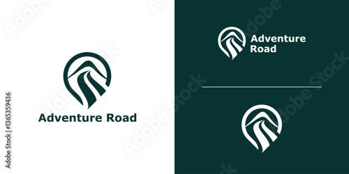 logo design combination of map pins and peak roads, mountains, simple and elegant.