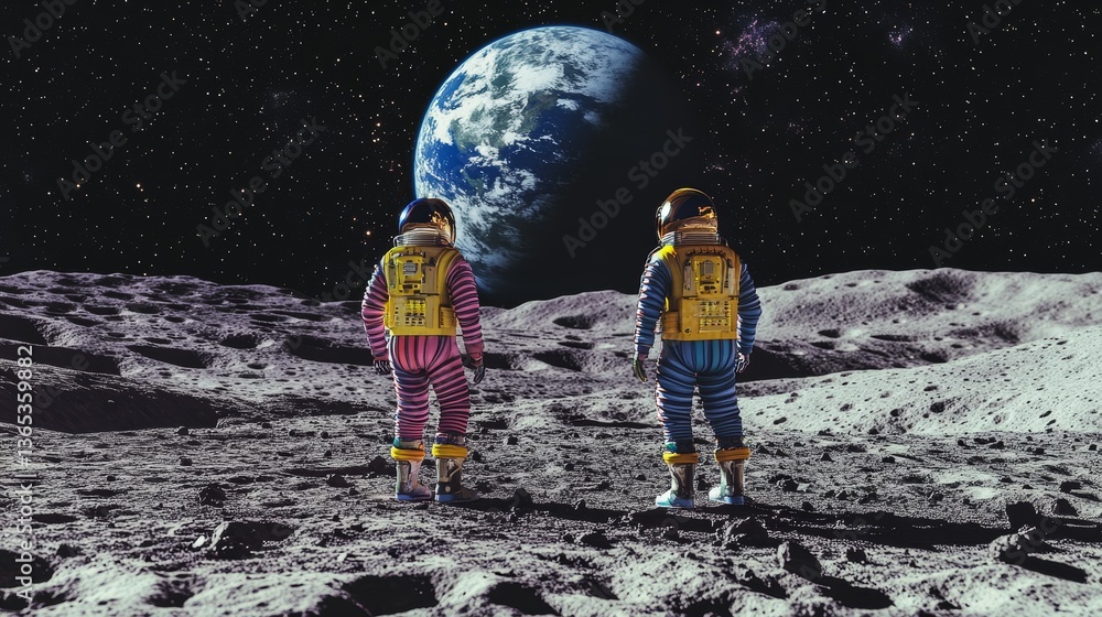 Obraz premium Retro Astronauts on Lunar Terrain with Earth View