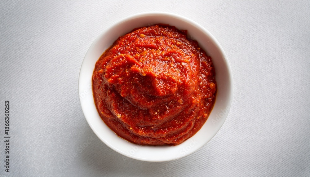 A white bowl filled with spicy red pepper paste A white bowl filled with spicy red pepper paste
