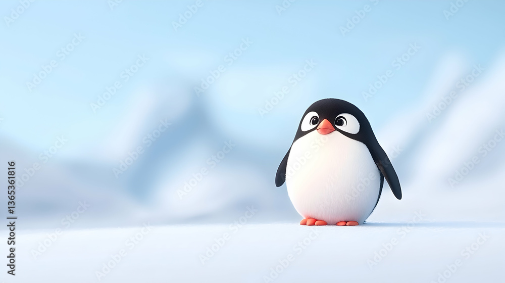 Obraz premium Cute Fluffy Cartoon Penguin in Snowy Landscape
