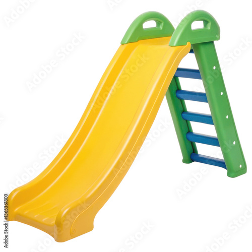 A colorful children's slide featuring a yellow sliding surface and a green frame with blue rungs for climbing.