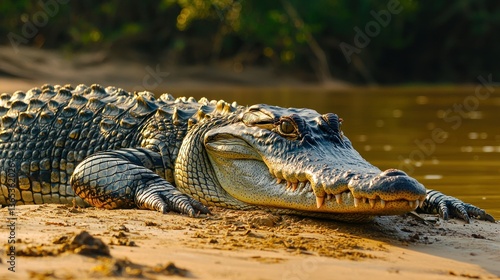 Croc resting on riverbank, sunlit jungle background