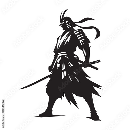 Samurai Warrior: A Black and White Vector Illustration of a Japanese Ronin with Katana