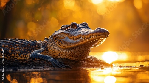 Croc resting in shallows at sunrise, golden light