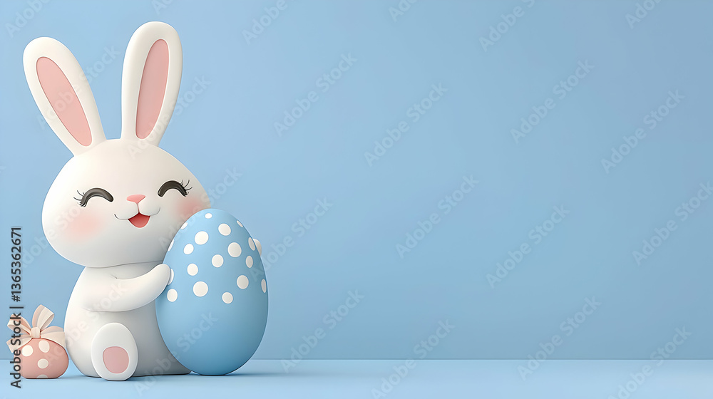 Obraz premium Cute White Bunny Holding Blue Easter Egg on Light Blue Background