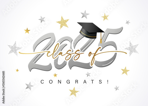 Class of 2025, Congrats silver logo design with stars and lettering. Congratulation graduation concept for High School or University album. Vector illustration