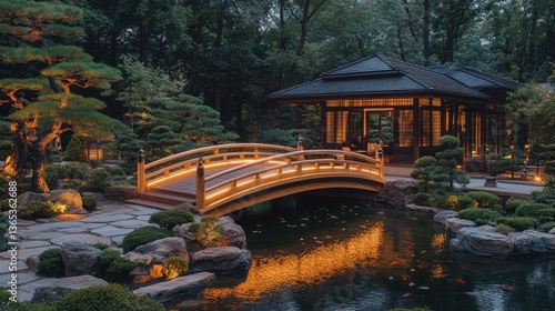 Evening Japanese Garden Bridge Over Pond with Gazebo
