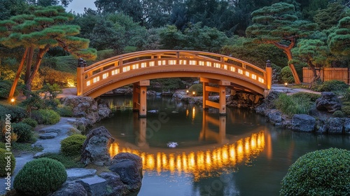 Illuminated Japanese Garden Bridge at Dusk (1)
