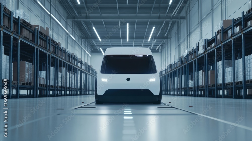 Obraz premium An AI driven autonomous logistics vehicle optimizing package delivery routes in a warehouse environment, Logistics technology style, photo of