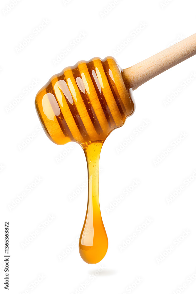 Honey dripping from wooden dipper isolated on white Honey dripping from wooden dipper isolated on white