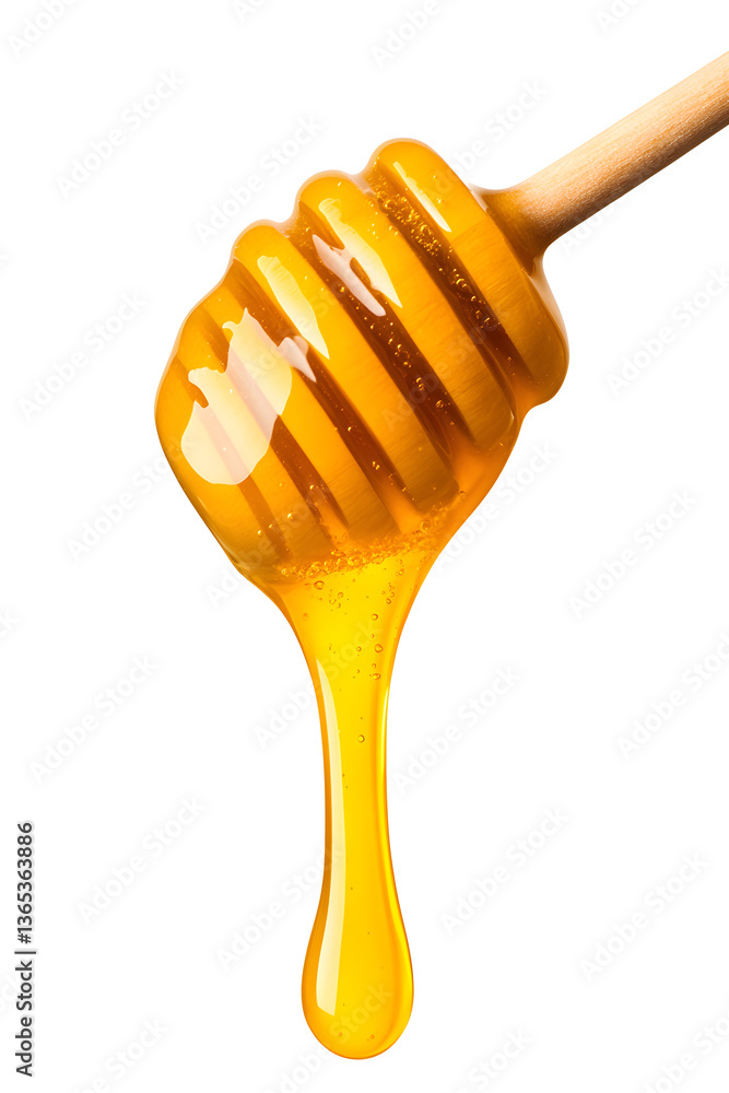 Honey dripping from wooden dipper isolated on white Honey dripping from wooden dipper isolated on white