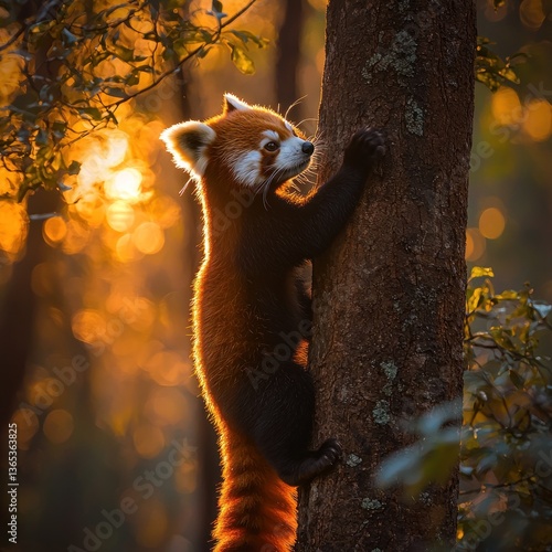 Red Panda Climbing Tree Golden Hour Forest