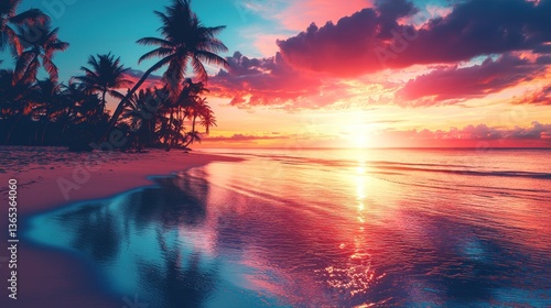 Tropical beach sunset paradise, calm waves, palm trees