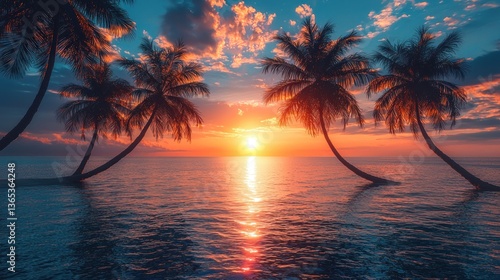 Tropical Sunset Beach Scene with Palm Trees (1)