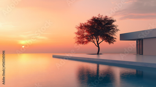 Modern architecture, an infinity pool overlooking the ocean with an old banyan tree in front of it, a sunset, a modern minimalist-style house