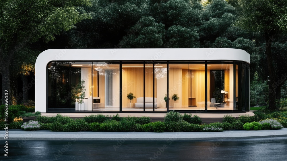 Fototapeta premium Modern, minimalist home nestled within a lush forest, featuring curved walls, large windows, and a tranquil setting