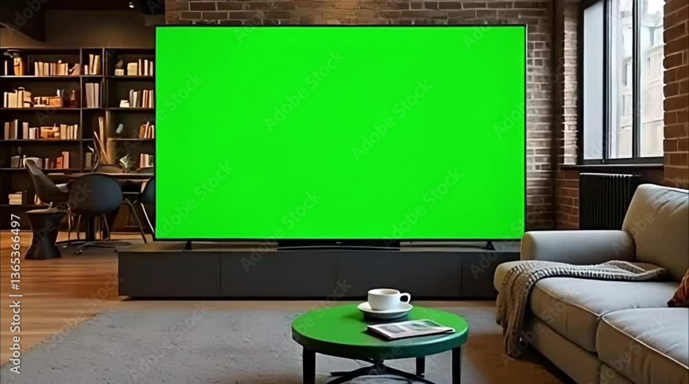 Stylish Loft Apartment with a Large TV Displaying a Green Screen, Creating a Cozy Living Room Atmosphere Stylish Loft Apartment with a Large TV Displaying a Green Screen, Creating a Cozy Living Room Atmosphere
