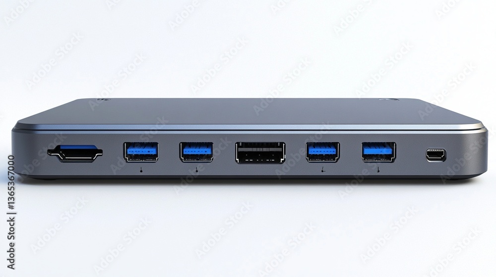 Sleek gray USB hub with multiple ports. Sleek gray USB hub with multiple ports.