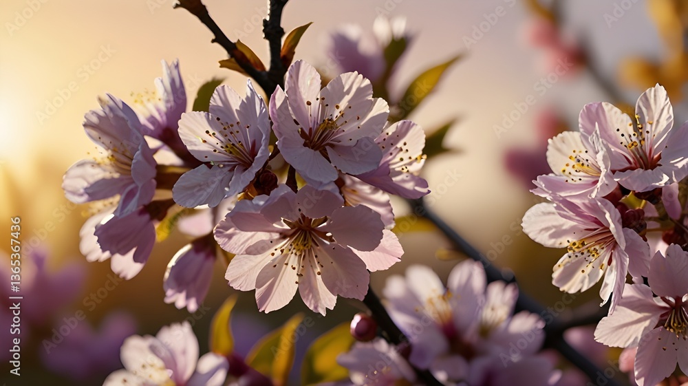 Obraz premium Close-up of violet cherry blossoms against a bright golden sky, a unique spring palette 