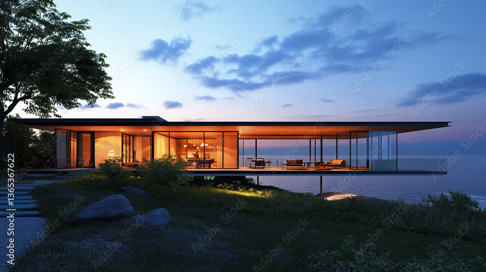 Modern beachfront house with glass walls at dawn, serene atmosphere Modern beachfront house with glass walls at dawn, serene atmosphere