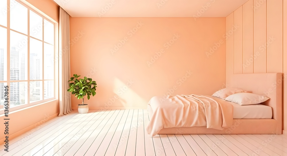 Fototapeta premium A pastel peach bedroom with large windows, white flooring, and warm sunlight pouring in, AI Generated