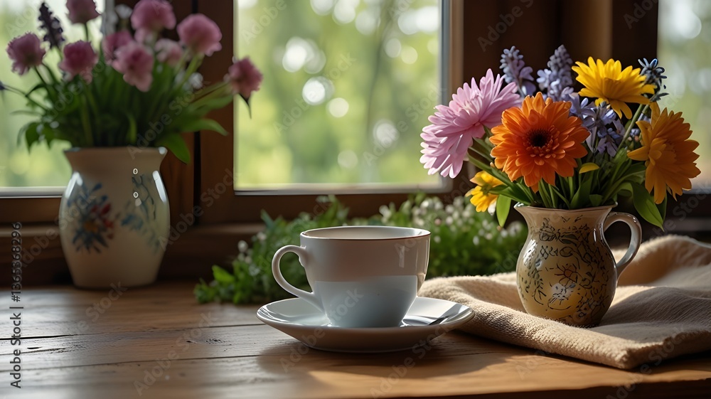 A cozy morning scene with a cup of herbal tea and fresh spring flowers on a wooden table, soft natural light A cozy morning scene with a cup of herbal tea and fresh spring flowers on a wooden table, soft natural light