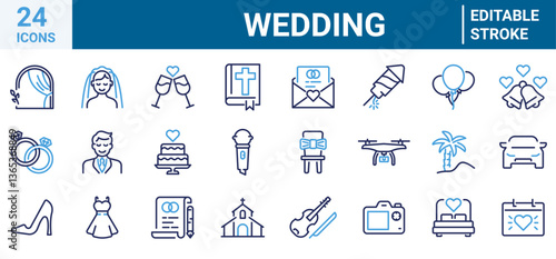 Set of 24 outline icons related to wedding. Linear icon collection. Editable stroke. Vector illustration