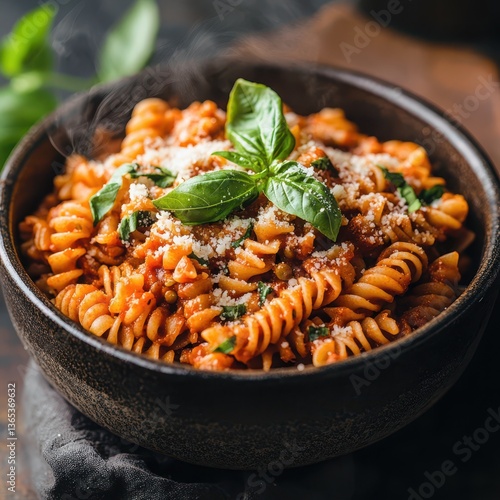 Bowl of lentil and pea protein pasta covered in tomato sauce