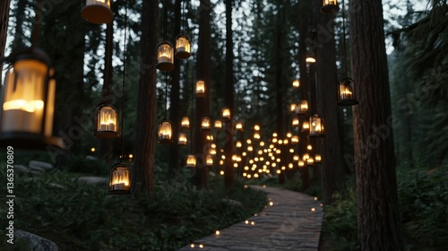 A path of lights in the woods.