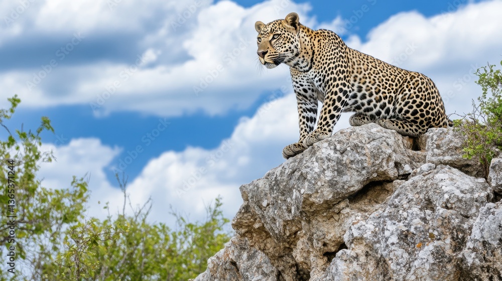 Obraz premium A sleek leopard perches atop a rocky cliff, its piercing eyes scanning the horizon, muscles poised in quiet strength