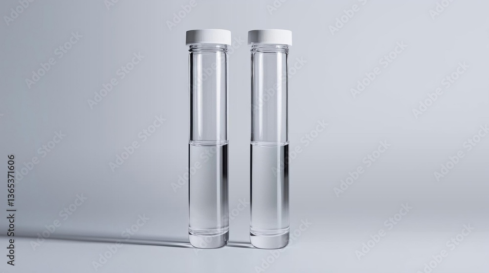 Two tall, cylindrical glass bottles with white caps. the bottles are standing upright on a plain white background. they appear to be empty and are standing side by side. Two tall, cylindrical glass bottles with white caps. the bottles are standing upright on a plain white background. they appear to be empty and are standing side by side.