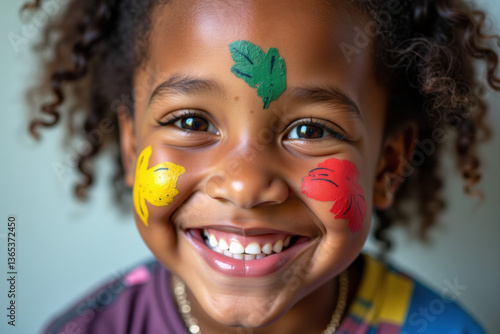 A joyful African American girl with curly hair smiles brightly, her face adorned with colorful paint designs of flowers and leaves