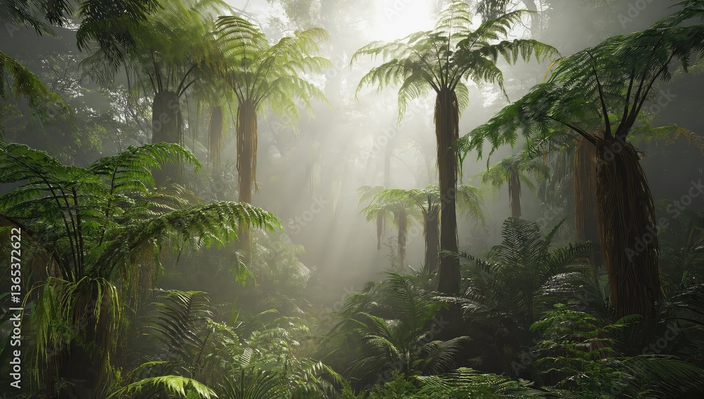 Naklejka premium Lush green jungle trees bask in natural sunlight with fog
