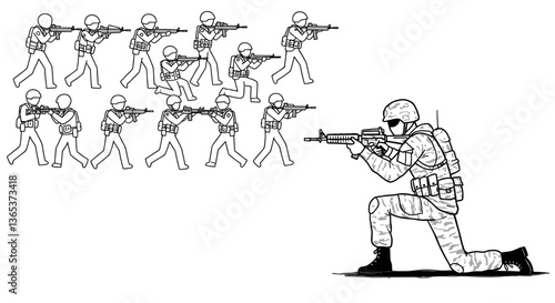 Soldier kneeling, aiming rifle at a squad.