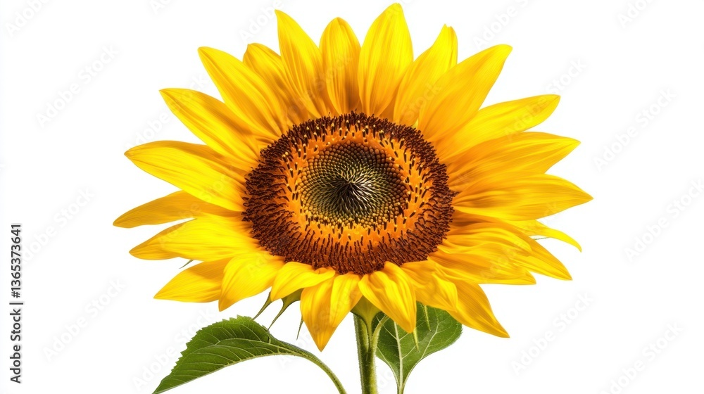 A striking golden sunflower with glowing petals, beautifully centered on a clean white background A striking golden sunflower with glowing petals, beautifully centered on a clean white background