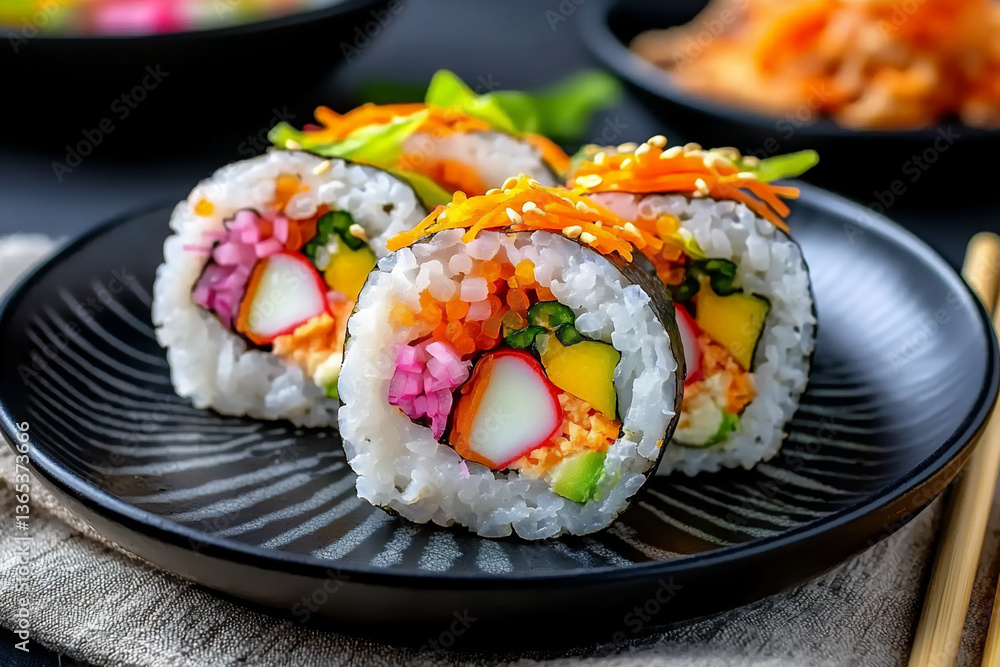 macro shot focusing on the colorful ingredients inside a kimbap slice macro shot focusing on the colorful ingredients inside a kimbap slice