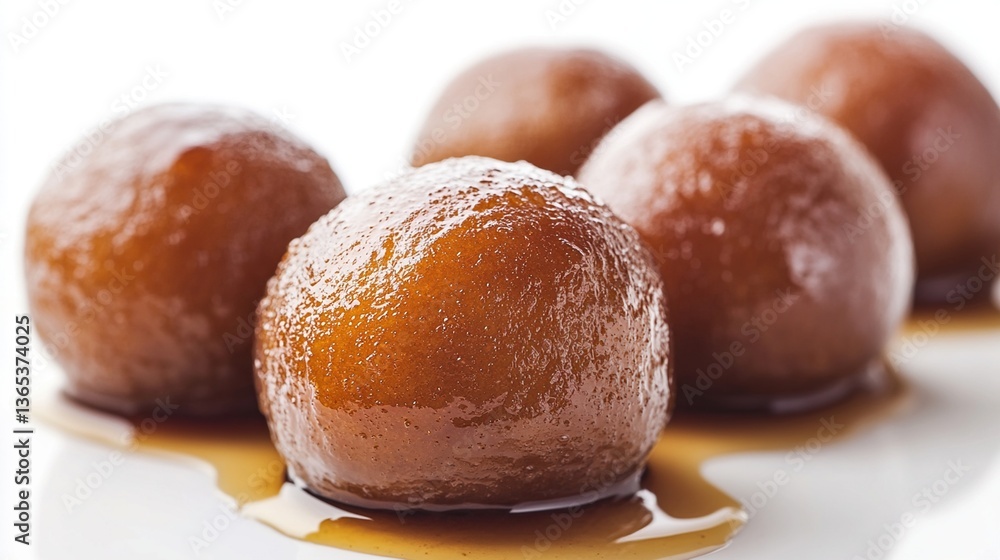 Close-up of five golden-brown gulab jamuns glistening with syrup. Close-up of five golden-brown gulab jamuns glistening with syrup.
