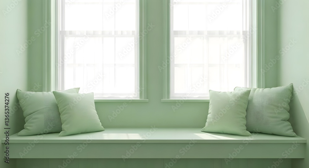 Fototapeta premium A pastel sage green reading nook with bright, crisp sunlight filtering through windows, AI Generated