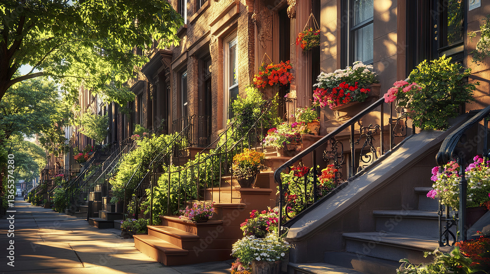 Fototapeta premium Brownstone buildings with steps adorned by vibrant flower boxes in morning light