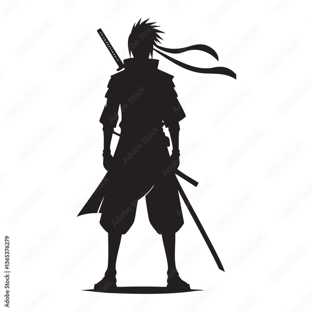 Silhouette of a Samurai Warrior: A Powerful Japanese Anime-Style Graphic Silhouette of a Samurai Warrior: A Powerful Japanese Anime-Style Graphic