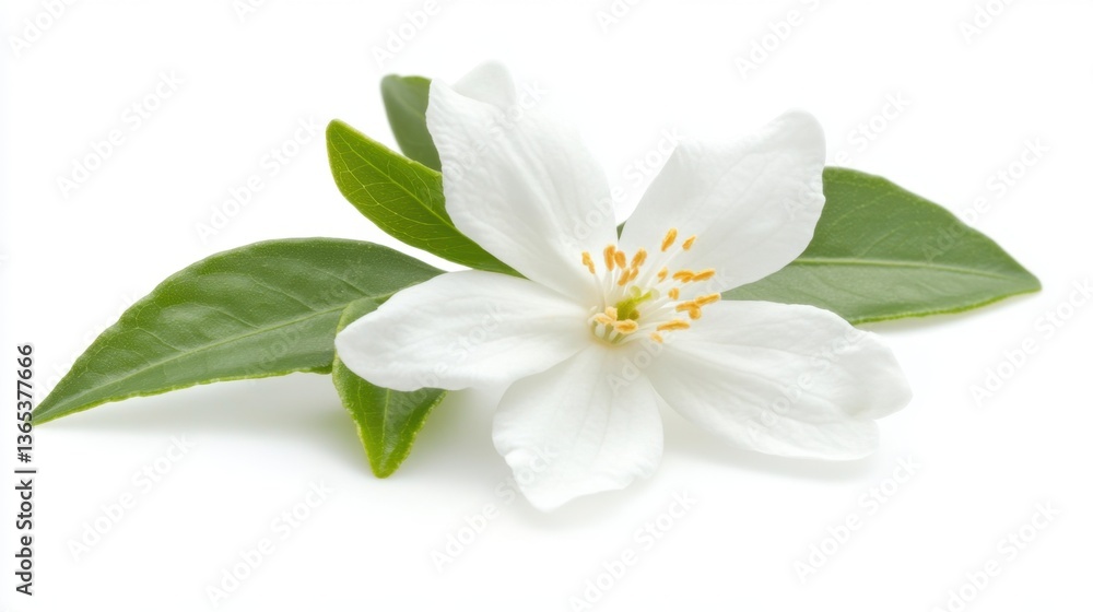 Obraz premium A white jasmine flower with subtle green leaves on a clean white background, representing purity and positive blessings