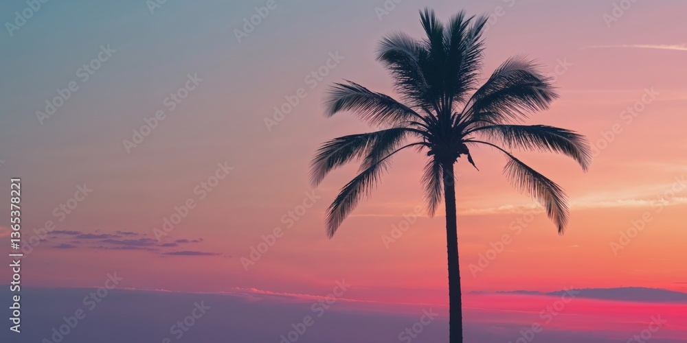 Solitary palm tree beneath a striking sunset sky. Solitary palm tree beneath a striking sunset sky.