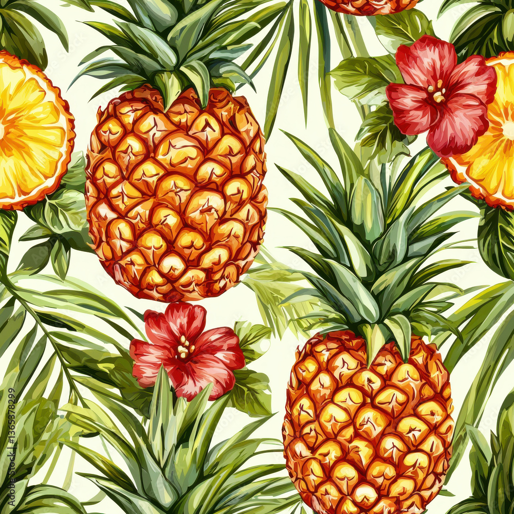 Tropical pineapples and florals in seamless vibrant pattern, Summer Textile Seamless Pattern Background Tropical pineapples and florals in seamless vibrant pattern, Summer Textile Seamless Pattern Background