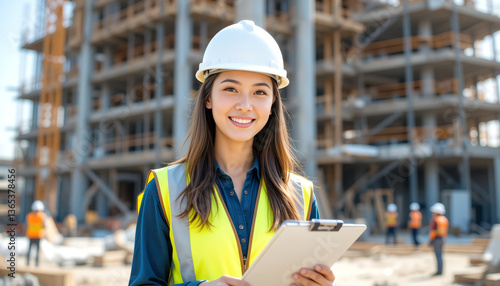 Smiling young female engineer at a construction site.