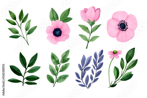 Wallpaper Mural Watercolor wildflowers and leaves illustration set isolated on white Torontodigital.ca