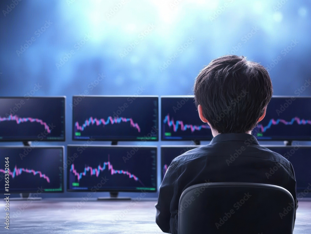 young boy sits in front of multiple monitors displaying financial charts, symbolizing curiosity and focus in trading