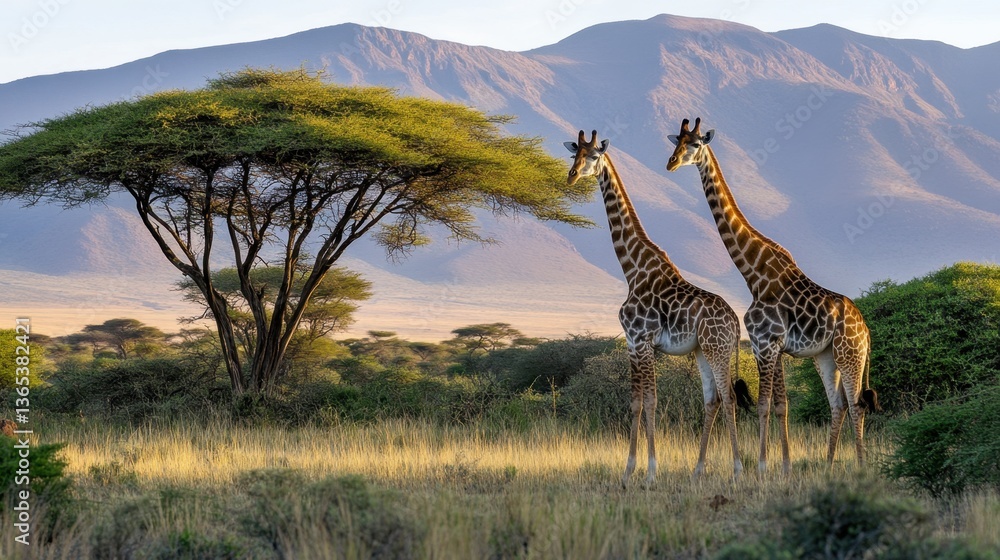 Fototapeta premium Two giraffes stand peacefully under the golden light of dawn, their graceful forms set against a vast mountain range